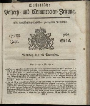 36tes Stueck, Montag den 7ten September. 1778
