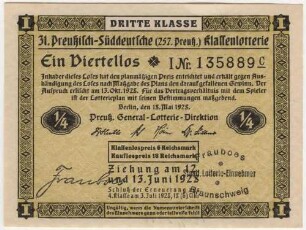 6 Reichsmark / 18 Reichsmark - ¼ Los, 3. Klasse