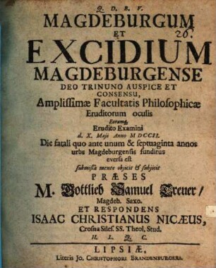 Magdeburgum Et Excidium Magdeburgense