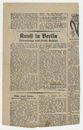 Adolf Behne: Kunst in Berlin : Fotomontage und Große Berliner. Die Welt am Abend. Berlin. Zeitungsausschnitt mit Hervorhebungen von Hannah Höch