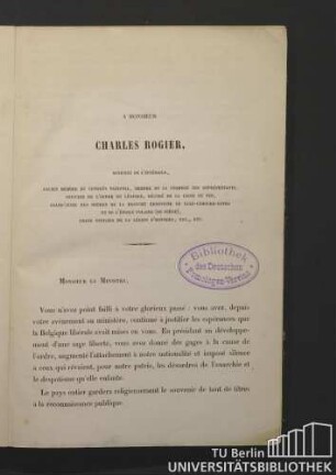 A monsieur Charles Rogier, ministre de l'intérieur, ...