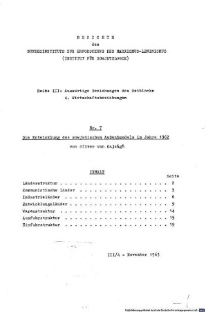 Die Entwicklung des sowjetischen Außenhandels im Jahre 1962