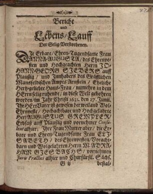 Bericht und Lebens-Lauff Der Selig Verstorbenen.