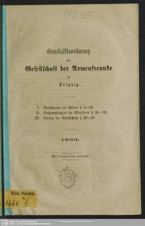 Geschäftsordnung der Gesellschaft der Armenfreunde zu Leipzig : 1863