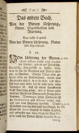 Das erste Capitel. Von der Bienen Ursprung, Natur und Eigenschafft