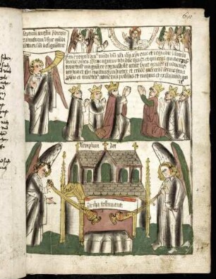 (1) Engel mit der siebten Posaune, die vierundzwanzig Ältesten loben Gott (Apc. XI, 15-18); (2) Zwei Engel mit Rauchfässern beim Tempel im Himmel mit der Bundeslade (Apc. XI, 19).