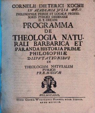Programma de theologia naturali barbarica, et paranda historia primae philosophiae