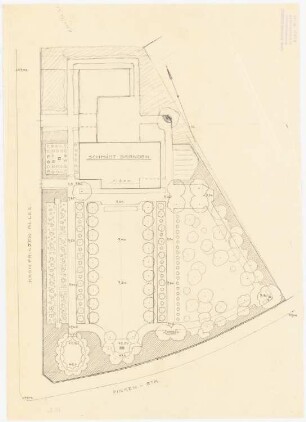 Garten Schmidt-Branden, Berlin-Dahlem: Garten im Grundriss mit Skizze für nördlichen Gartenabschnitt und für Erweiterung des Wohnhauses 1:200, Maßstabsleiste, Zahlennotizen