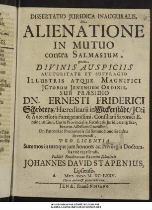 Dissertatio Iuridica Inauguralis, De Alienatione In Mutuo contra Salmasium