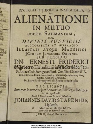 Dissertatio Iuridica Inauguralis, De Alienatione In Mutuo contra Salmasium