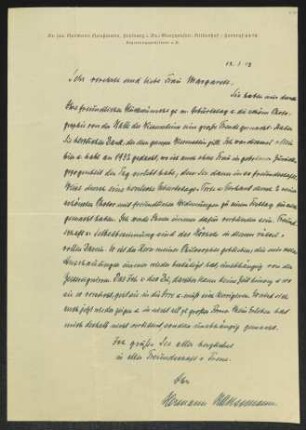 Brief von Hermann Haussmann an Margarete Hauptmann