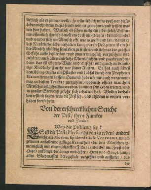 Von der erschrecklichen Seuche der Pest/ ihren Funcken und Zunder