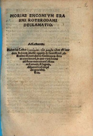 Moriae Encomivm Erasmi Roterodami Declamatio