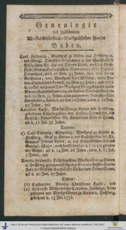 Genealogie des Alt-Reichsfürstlich-Markgräflichen Hauses von Baden.