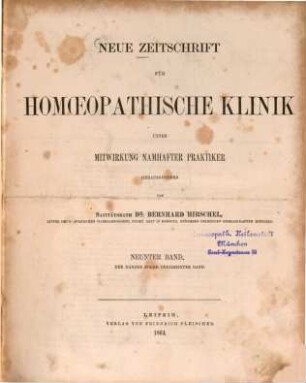 Neue Zeitschrift für homöopathische Klinik. 9, 9 = Bd. 13. 1864