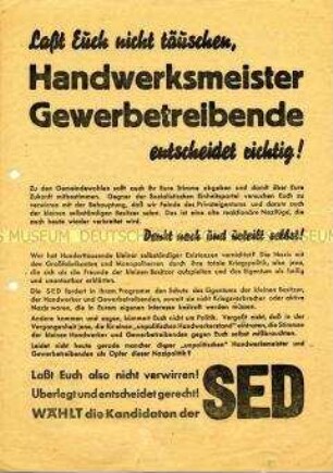 Propagandablatt der SED zu den Gemeindewahlen 1946 mit Ausrichtung auf die Gewerbetreibenden und Handwerker