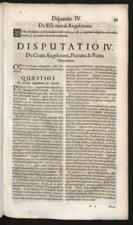 Disputatio IV. De Gratia Angelorum, Peccato, & Poena Daemonum.