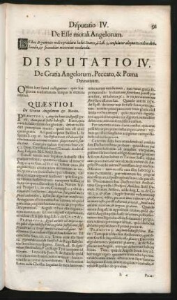 Disputatio IV. De Gratia Angelorum, Peccato, & Poena Daemonum.