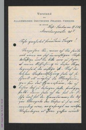 Brief von Louise Pache an Helene Lange