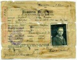 Passierschein für das besetzte Rheinland (auf Papier aufgeklebt)