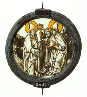 Kabinettscheibe mit Hl. Valentin und Hl. Dionysios. Zugehörig zu einer Serie von drei Rundscheiben mit Heiligendarstellungen, vgl. Gm.028-029