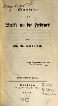 Kommentar zum Briefe an die Hebräer