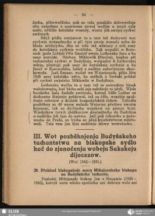 III. Wot pozběhnjenja Budyšskeho tachantstwa na biskopske sydło hač do zjenoćenja wobeju Sakskeju dijecezow : (Wot 1562-1831)