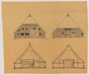 Raddingsdorf (Kreis Schönberg): Hof Joachim Oldenburg. [Haupthaus] (Giebelansichten, Querschnitte)