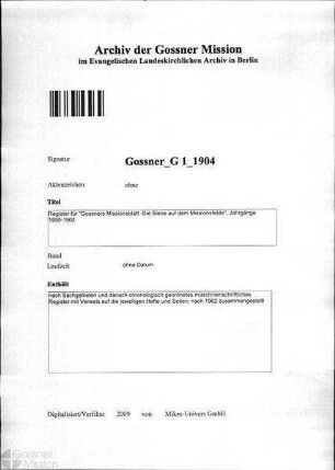 Register für "Gossners Missionsblatt -Die Biene auf dem Missionsfelde", Jahrgänge 1950 - 1962