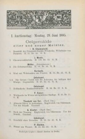 I. Auctionstag: Montag, 29. Juni 1885