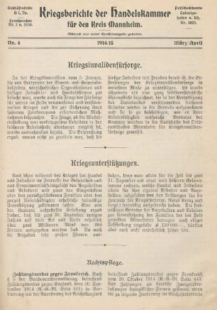 4.1915: Kriegsberichte der Handelskammer für den Kreis Mannheim