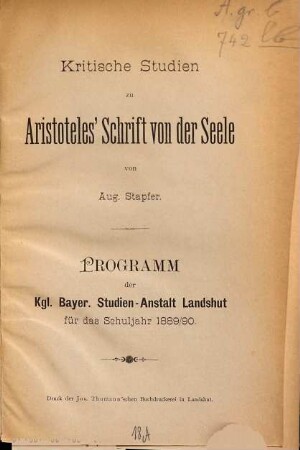 Kritische Studien zu Aristoteles' Schrift von der Seele