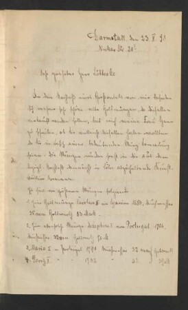 Brief von Hauptmann von Bauer, Darmstadt : 23.05.1898