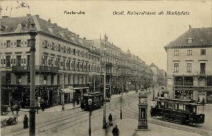 Postkartenalbum August Schweinfurth mit Karlsruher Motiven. "Karlsruhe - Oestl. Kaiserstraße ab Marktplatz"