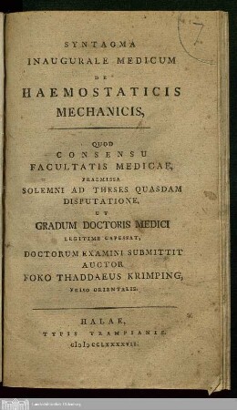 Syntagma Inaugurale Medicum De Haemostaticis Mechanicis