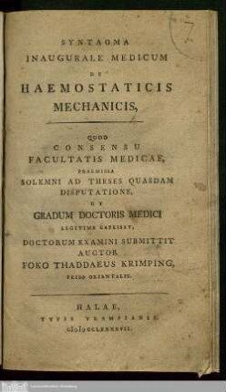 Syntagma Inaugurale Medicum De Haemostaticis Mechanicis