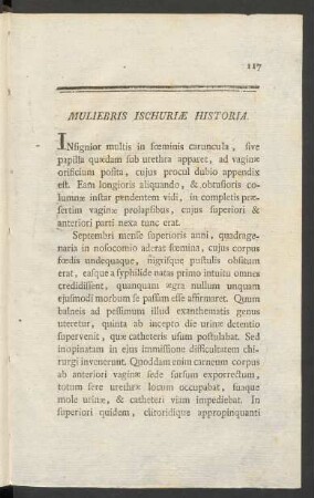 Muliebris Ischuriae Historia