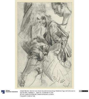 Heinrich von Kleist, Der zerbrochene Krug: Weibliche Figur mit Schlüssel in der Rechten. Halbfigur vorgebeugt im Profil nach links nebst Detailstudien: K0pf, Arm, Gewand