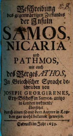 Beschreibung des gegenwärtigen Zustandes der Insuln Samos, Nicaria und Pathmos, wie auch des Berges Athos