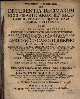 Specimen Inaugurale De Differentia Decimarum Ecclesiasticarum Et Sæcularium, Præcipue Quoad Onus Reparandi Ecclesias
