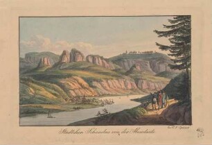 Das Elbtal in der Sächsischen Schweiz bei Schandau (Bad Schandau) vom linken Elbufer nach Südosten, im Hintergrund die Schrammsteine und der Große Winterberg