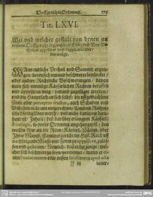 Tit. LXVI. Wie und welcher gestalt von denen an unserm Hoffgericht ergangenen End : und Bey-Urtheilen appelliret und suppliciret werden müge