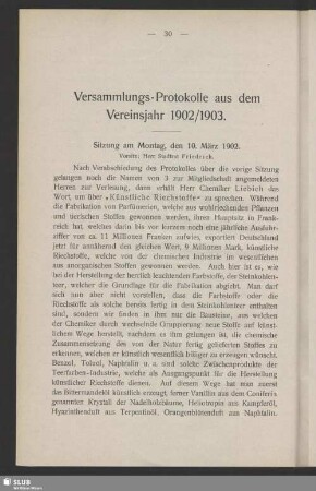 Versammlungs-Protokolle aus dem Vereinsjahre 1902/1903