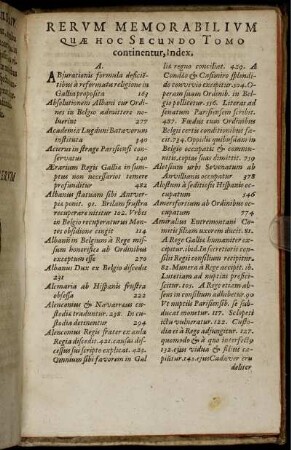 Rerum Memorabilium quae hoc Secundo Tomo continentur, Index