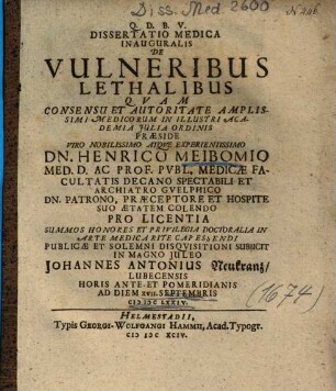 Dissertatio Medica Inauguralis De Vulneribus Lethalibus