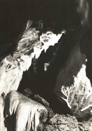 Vogtland. Syrauer Höhle. Kalksinterausscheidungen, versteinerter Wasserfall (Detail)