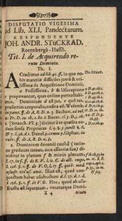 Disputatio Vigesima ad Lib. XLI. Pandectarum. Respondente Joh. Andr. Stückrad, Rotenberga-Hasso.