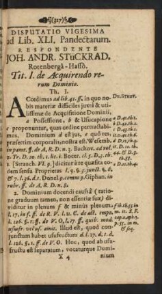 Disputatio Vigesima ad Lib. XLI. Pandectarum. Respondente Joh. Andr. Stückrad, Rotenberga-Hasso.