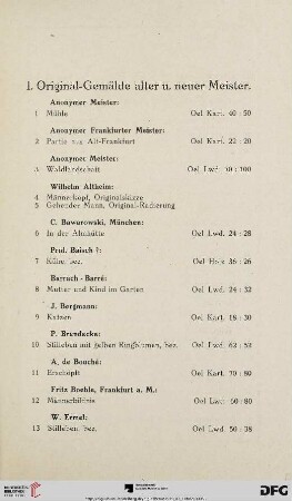 I. Original-Gemälde alter u. neuer Meister (Nr. 1-91)