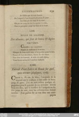 LXIIII. Extrait d'une Lettre de Rouen sur quelques erreurs physiques, 1768.